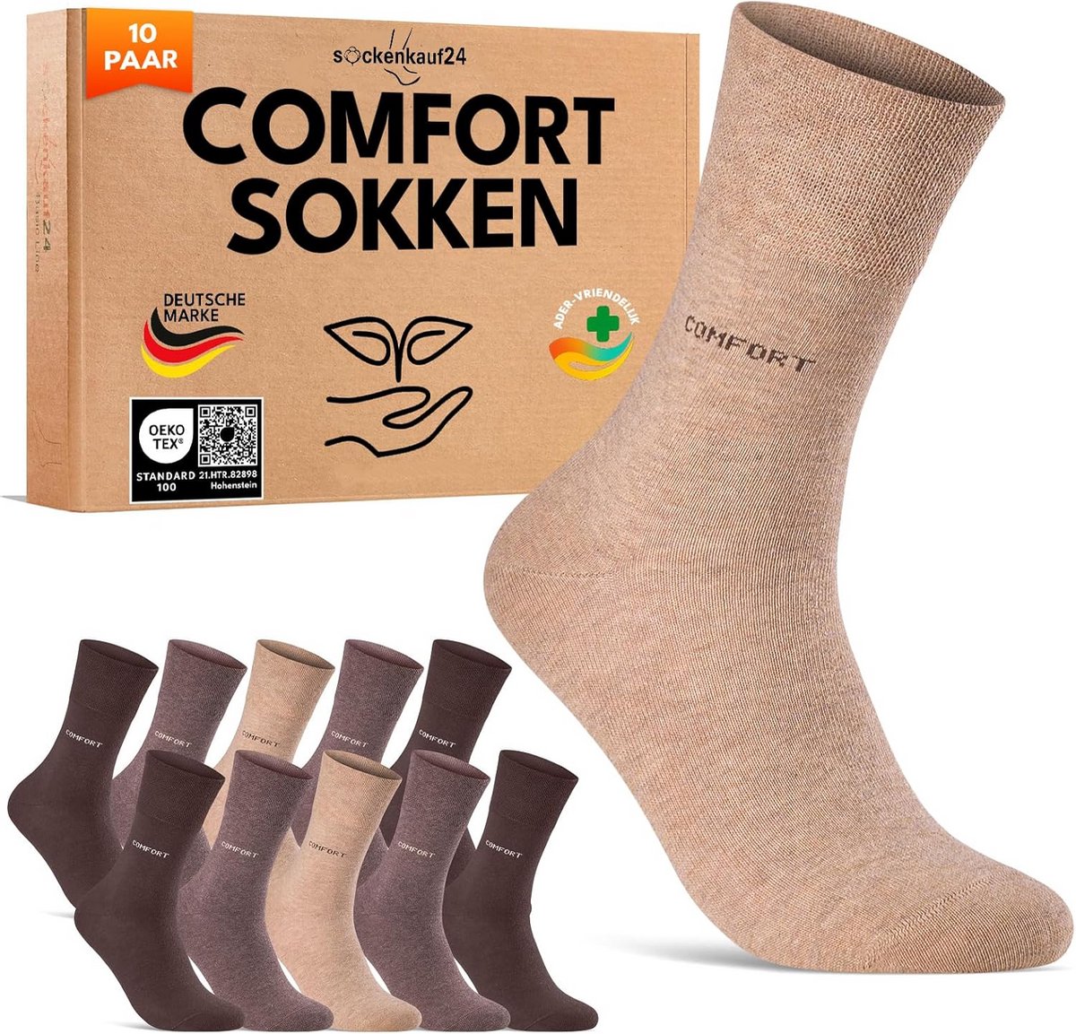 10 Paar Comfort Sokken voor Diabetici - Zonder Elastiek en Naad - Katoen voor Dames & Heren