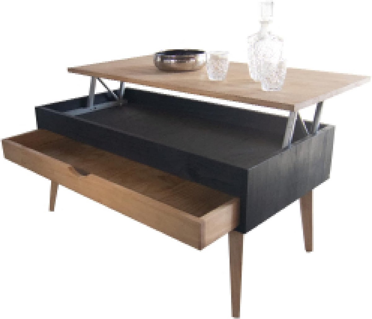 In hoogte verstelbare salontafel met schuiflade en massief houten blad - 100x50 cm