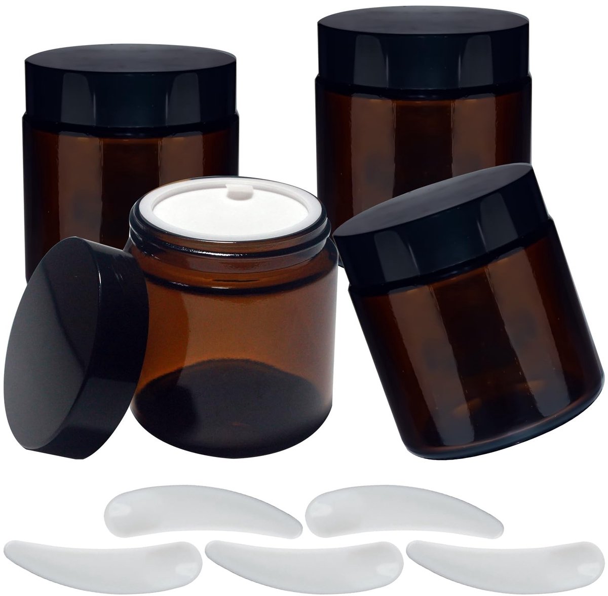 Cosensi- Crèmepot 100 ml - Set van 4 - Amber Glas - UV-bescherming - Goede afsluiting - Inclusief 5 Spatels - Perfect voor cosmetica - Cosmetic Jar