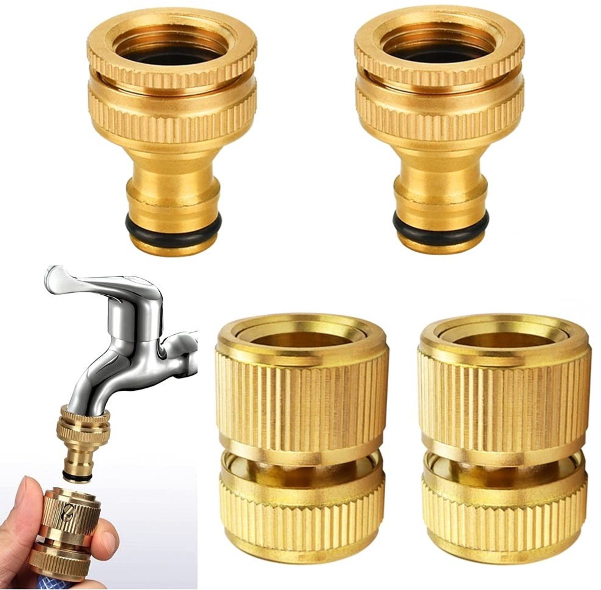Cosensi- Tuinslang Koppeling Snelle Ontkoppeling - 3/4 Inch Kraanstuk - 1/2 Inch/3/4 Inch Connectoren - Messing - Duurzaam - Weerbestendig - Tuinslangfitting