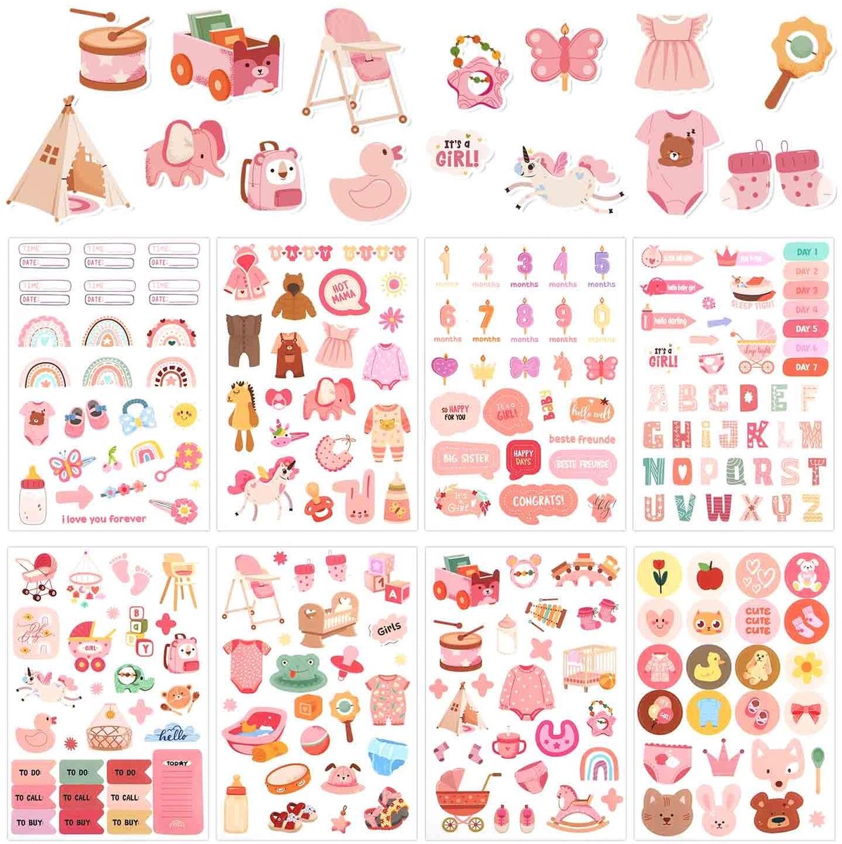 Cosensi- Scrapbook Stickers 8 Vellen - Baby Meisje Stickers - Multicolor - Waterdicht - Duurzaam - Voor Baby Groeiboek
