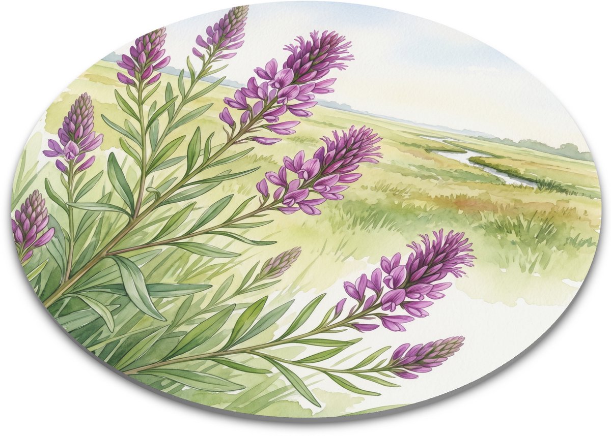 Ronde muismat met kuifvleugeltjesbloem in Nederlandse weide - botanische aquarel met paarse bloemtrossen, smalle bladeren, grasland en zacht natuurlandschap