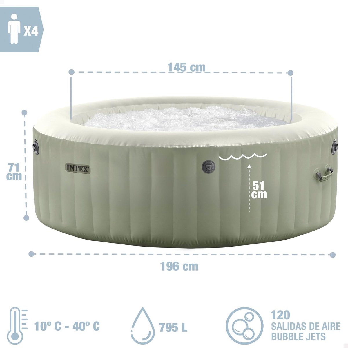 Opblaasbare Jacuzzi 4 Personen – House&Garden Bubble Spa Ø196 cm Olijfgroen – Draagbare Whirlpool met 120 Air Jets, 795L Inhoud, 2200W Heater & 800W Bubbelpomp – Luxe Outdoor Hot Tub 196x196x71 cm