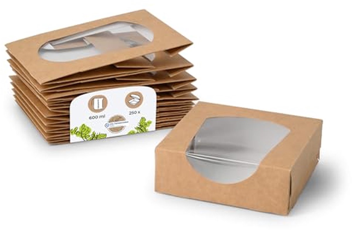 Composteerbare Patisserie-dozen karton bruin met kijkvenster - 250 stuks - 600 ml