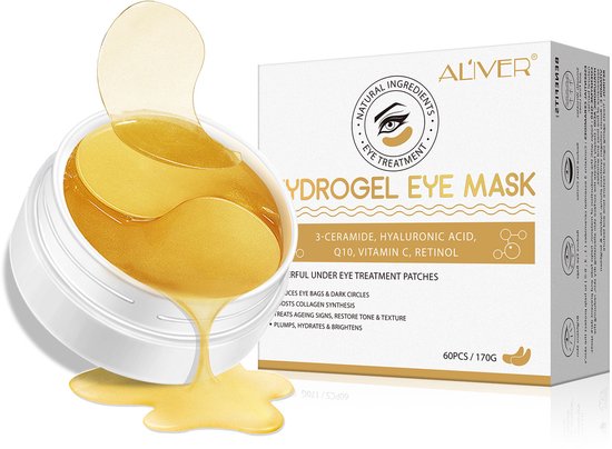 Gouden hydrogel oogmaskers leunen uit een witte pot. Pot en doos met productinformatie.