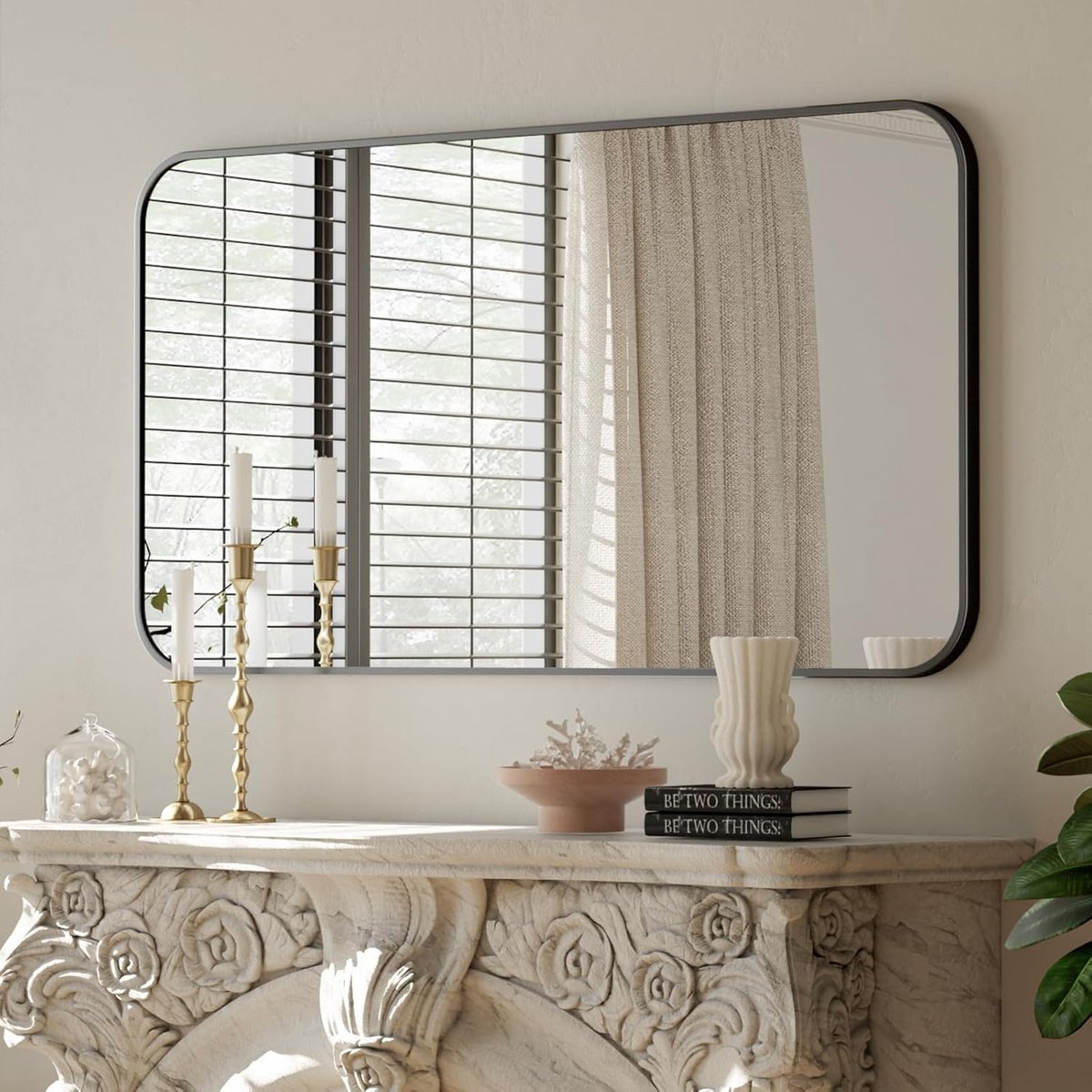 BEAUTYPEAK Zwarte badkamerspiegel voor muur, 112 x 76 cm metalen frame rechthoekige spiegel, moderne ronde hoekwandspiegel voor slaapkamer, woonkamer, horizontaal of verticaal