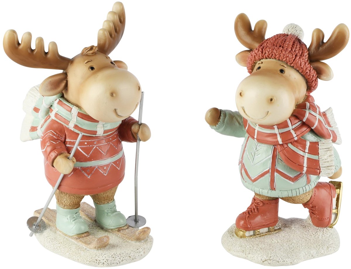 Dekoratief | Rendier ski?r/schaatser, groen/rood, resina, 12x11x19cm, set van 2 stuks | A265412