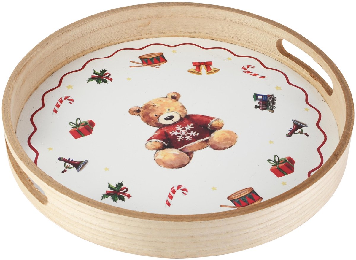 Dekoratief | Dienblad rond 'Winter Bear', naturel, hout, 30x30x4cm | A265267
