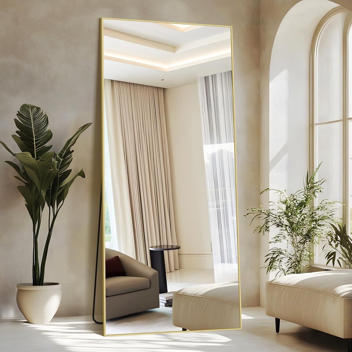 Rechthoekige full-body spiegel, 192 x 85 cm staande spiegel met gouden aluminium frame, grote wandspiegel vloerspiegel voor slaapkamer, entree, hal, woondecoratie