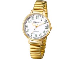 JewelryWe Dameshorloge elastisch horloge voor senioren analoog kwarts polshorloge dames stretcharmband casual horloge met roestvrijstalen band en grote gemakkelijk afleesbare wijzerplaat, smal - goud,