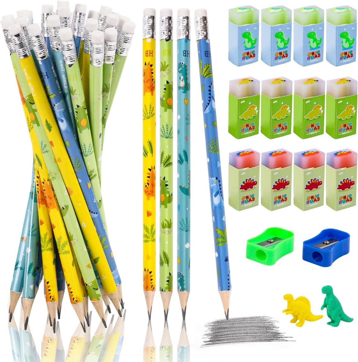 Kleurige Dinosaur Potloden Set met 24 Stuks, 12 Dinosaurusschrapers en 2 Puntenslijpers voor School, Schrijven en Tekenen