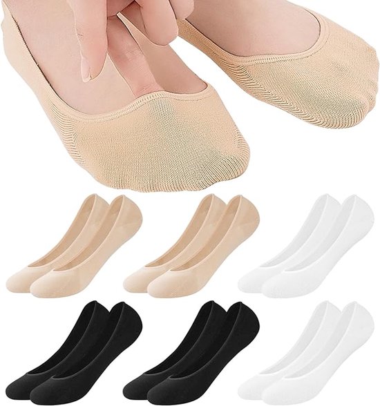 Ballerina Sokken Dames - Ademende Onzichtbare Sneakersokken - No Show Antislip Voetsokken met Siliconenpad - Katoenen Korte Sokken 35-38 & 39-42 -6 Paar