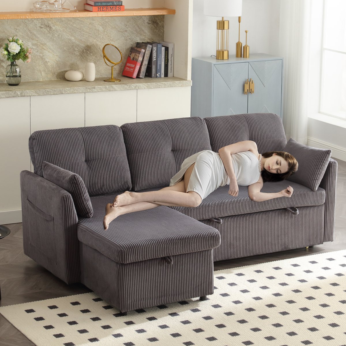 HAUSS SPOLE Bank - Multifunctionele Slaapbank - L-Vorm Wisselbaar Chaise Longue - Met Opbergruimte & Uitklapbed - 206x108x66 cm - Ribfluweel Donkergrijs