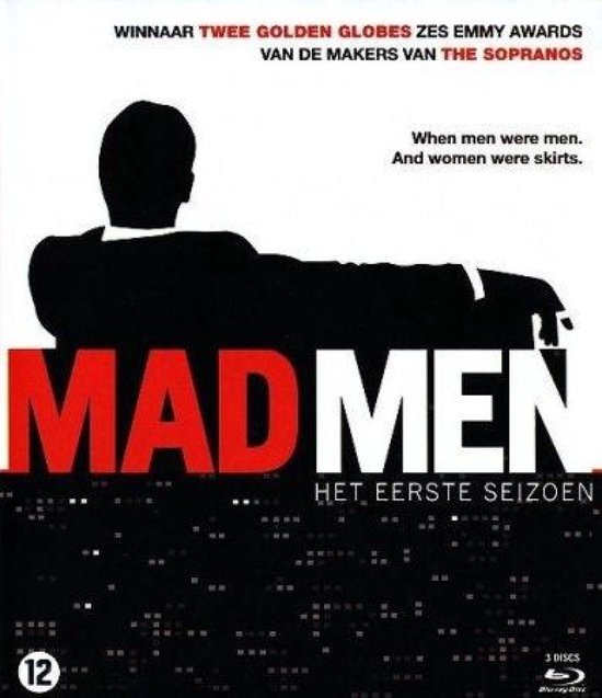 De Blu-ray hoes van Mad Men seizoen 1 met een silhouet van een man en de tekst 'MAD MEN'.