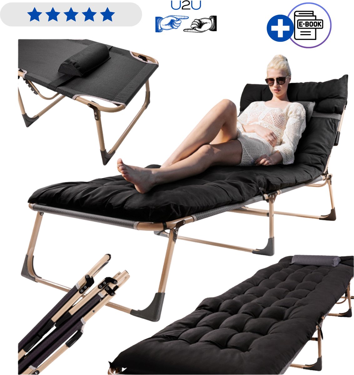 Opvouwbaar Campingbed met Verstelbare Rugleuning en Kussens - Camping Ligbed Veldbed met Stalen Frame - Inklapbaar Slaapbed voor Camping Tuin Logeerbed - Belastbaar tot 120 kg - Comfortabel Oxford Polyester Reisbed Grijs met Hoofdkussen! Met Ebook