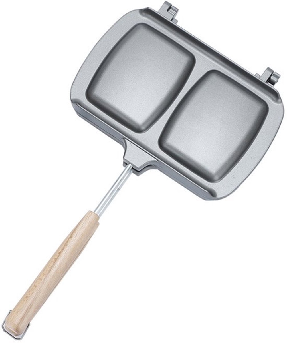 Tosti-Ijzer - broodrooster - Dubbelzijdig Koekenpan - Ontbijtmachine - Grill - Sandwichplaat - Grijs - Met houten handvat - Aluminiumlegering - Antiaanbaklaag - Verwijderbare - 20*16.5 cm - Voor ontbijt pannenkoeken, toast, omelet