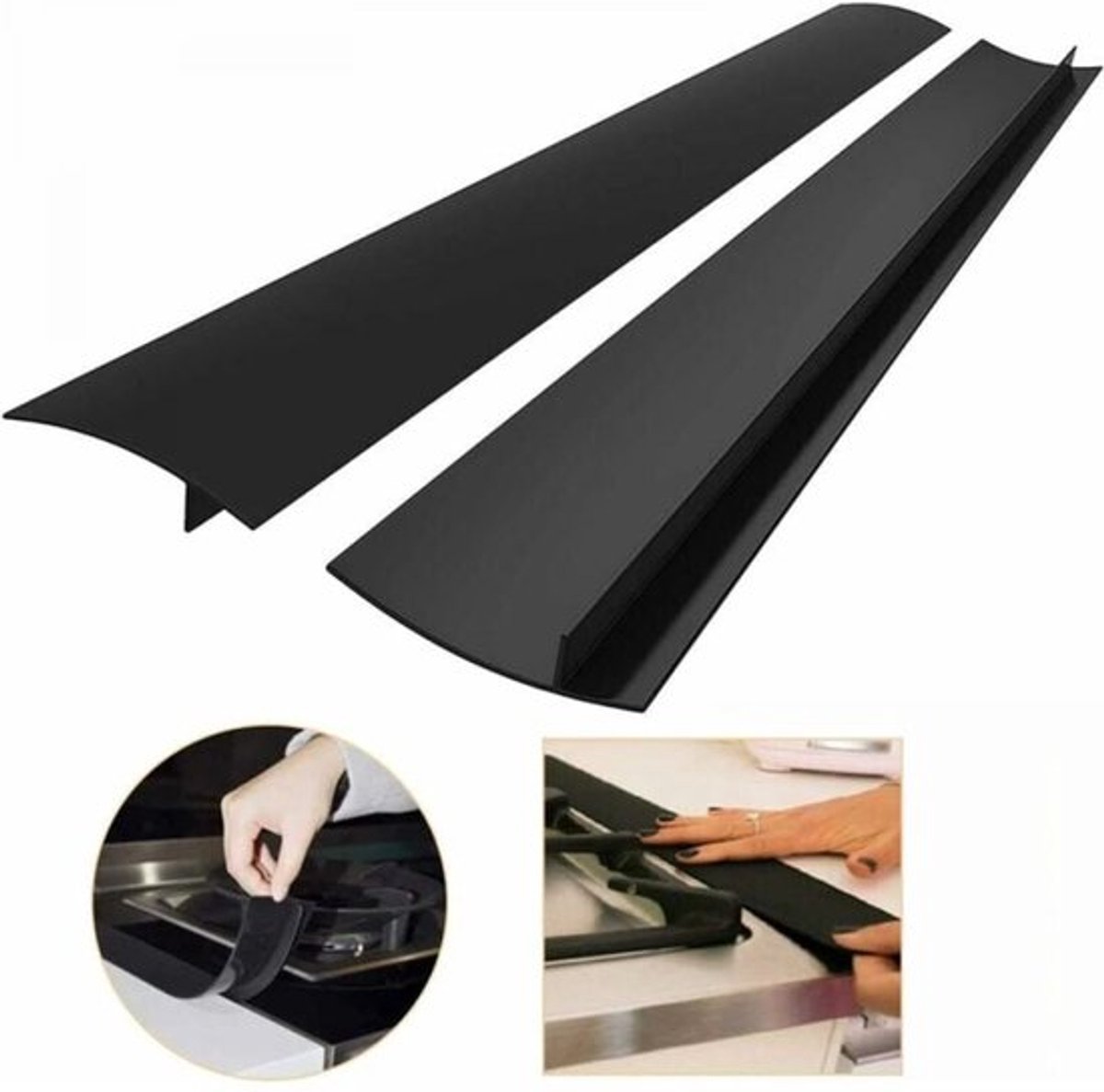 Set van 2 siliconen afdekstroken voor fornuis - aanrecht - 63 cm - kloofvuller voor in de keuken - voorkomt morsen, afdichting tussen werkblad, kookplaat, oven, wasmachine, keukenapparaten (zwart)