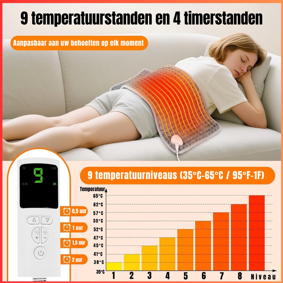 SVN® Warmtekussen Elektrisch - Warmtekussen - Warmtedeken - 9 verwarmingsstanden - Grijs - 60cm x 30cm x 1cm — cadeau in Verzorging - foto 8