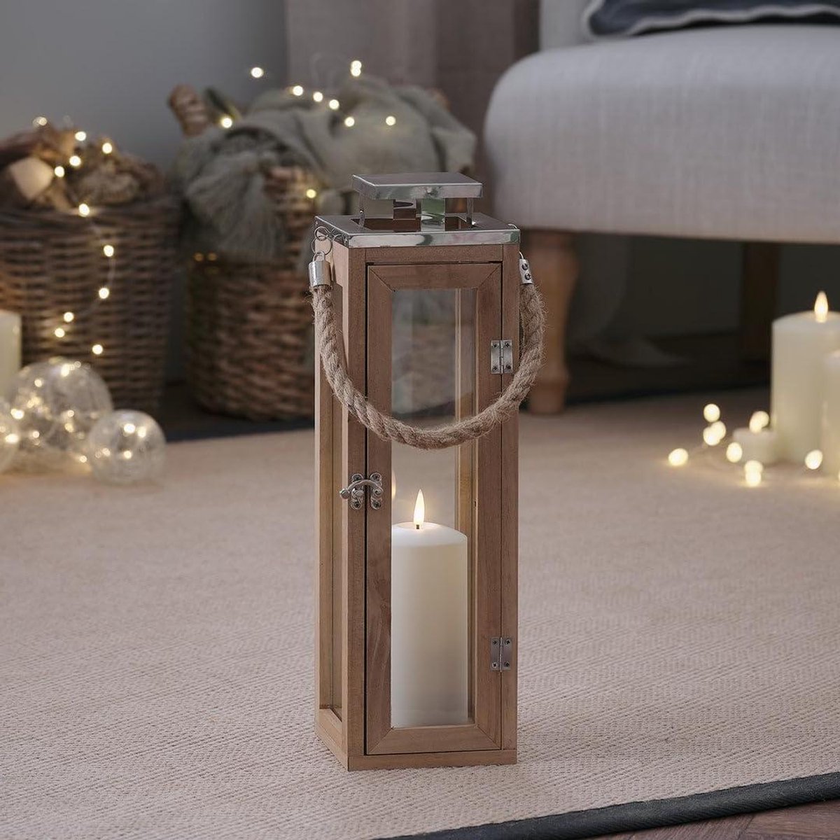 Houten Lantaarn - Decoratieve Lamp - Sfeervolle Verlichting - Met Afstandsbediening - 34 x 13 x 13 cm - Houtkleurig