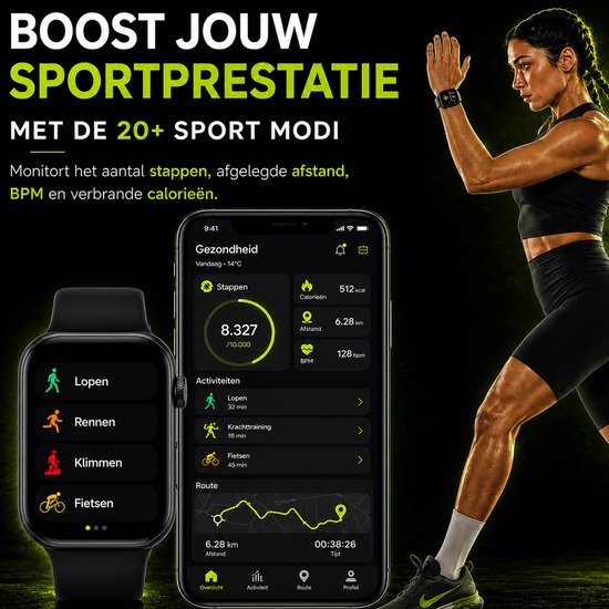 Royal Supplies RF-93 Smartwatch - Smartwatch Heren - Smartwatch Dames - Belfunctie- HD Touchscreen - Horloge - Stappenteller - Bloeddrukmeter - Saturatiemeter - IOS & Android -Screenprotector- Zwart