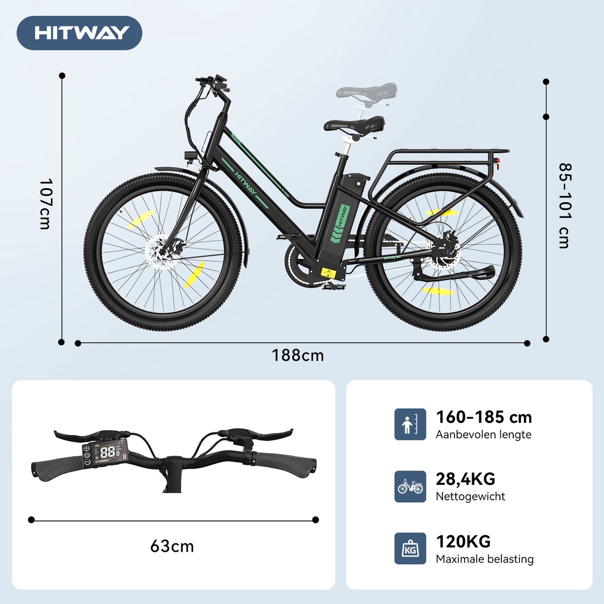 Hitway Elektrische Fiets BK8SL - Trendy 27.5 Inch City Commuter EBike met Afneembare 36V 13Ah Lithium Batterij - Mountain E-Bike met 250W Motor - Damesfiets met App Bediening - IP54 Waterdicht – foto 6