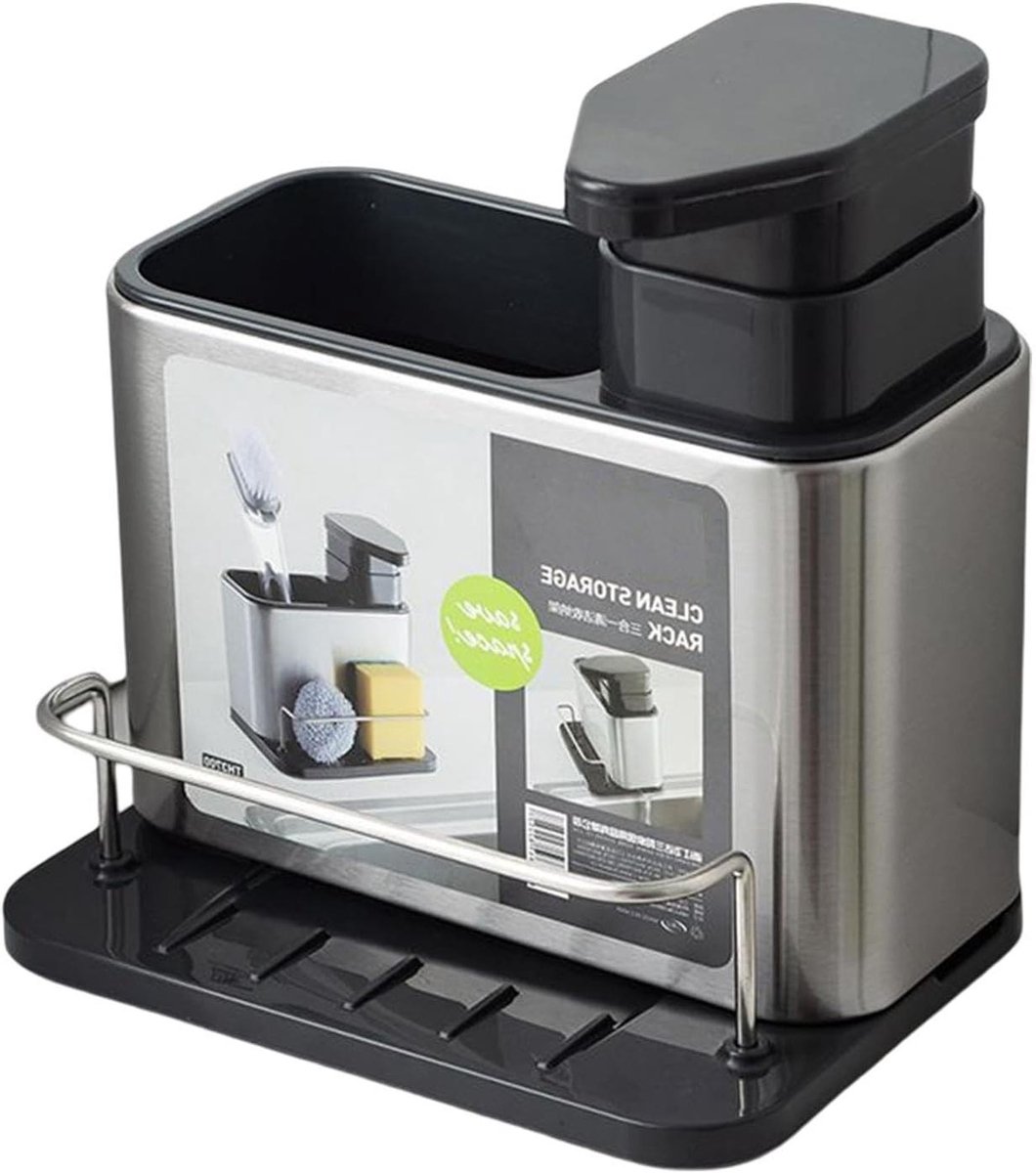 Afwaszeepdispenser - Keuken Organizer - Aanrecht Opruimen - Geïntegreerde Sponshouder - 18.8 cm - Zwart Zilver