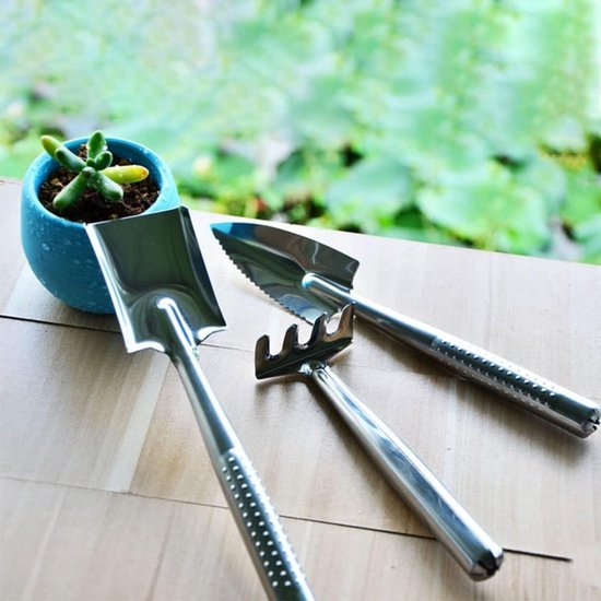 Mini Tuinieren Gereedschap - Kleine Hand Schop - Potplanten Verzorgen - Roestvrij Staal - 3 Delig - Zilver — afbeelding 2