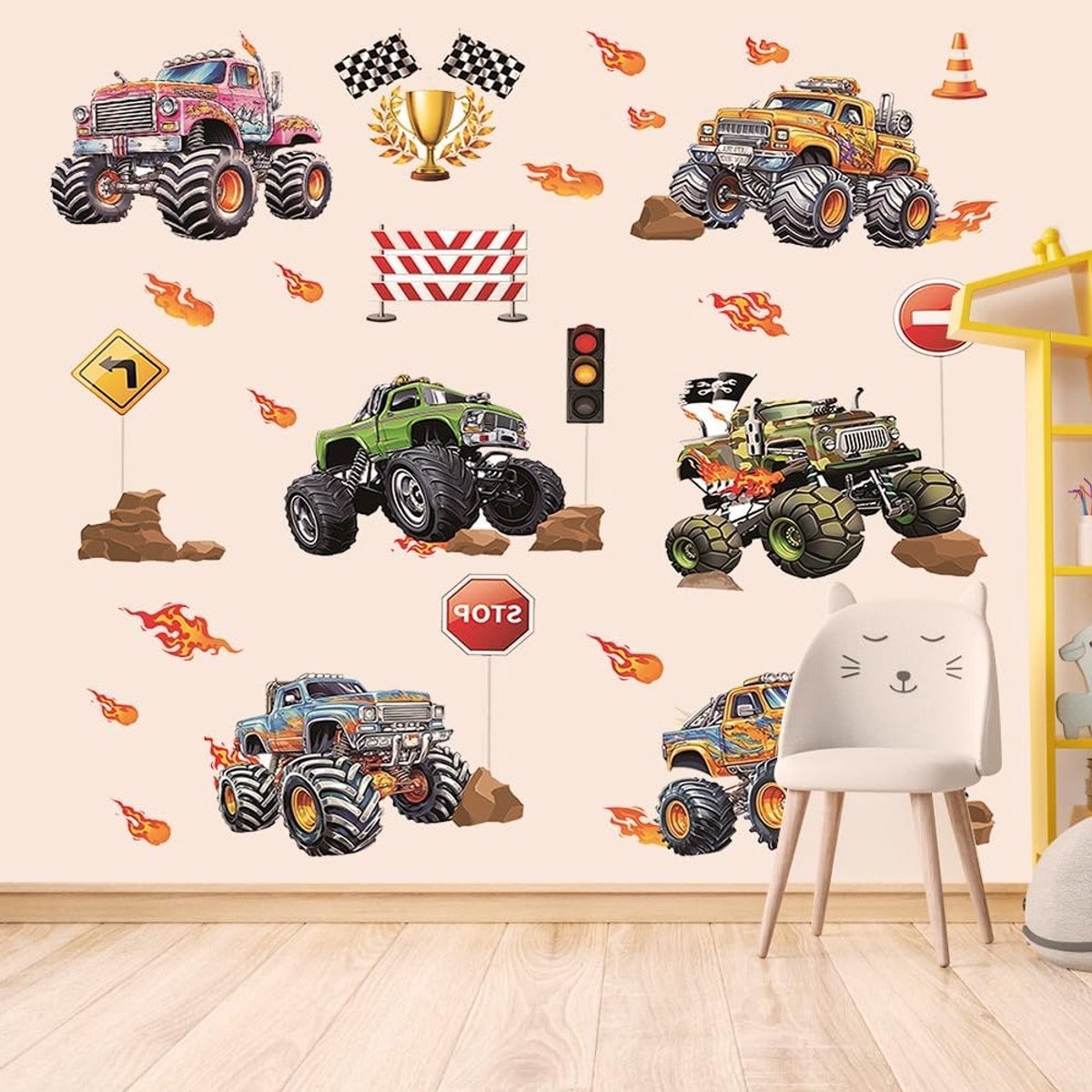 Muurstickers voor Kinderkamers, 90 x 30 cm, Zelfklevend, Monster Trucks, Voertuigen, Racers, Decoratie voor Jongens en Meisjes