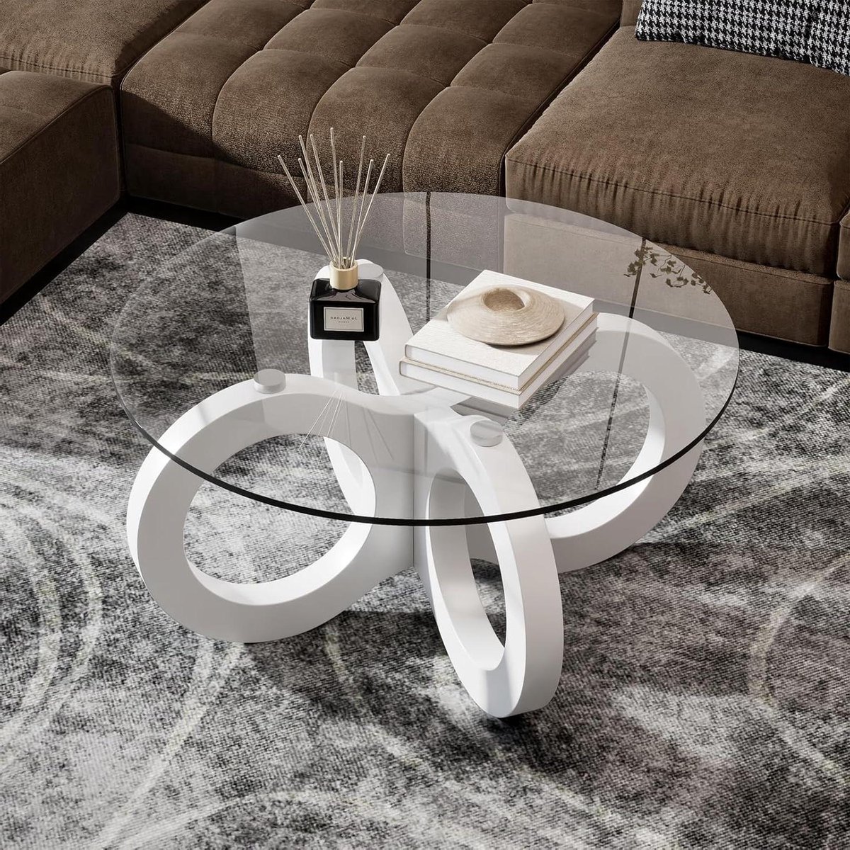 Glazen salontafel - Moderne bijzettafel - Woonkamer inrichten - Gebogen frame design - Ø 80 cm - Wit