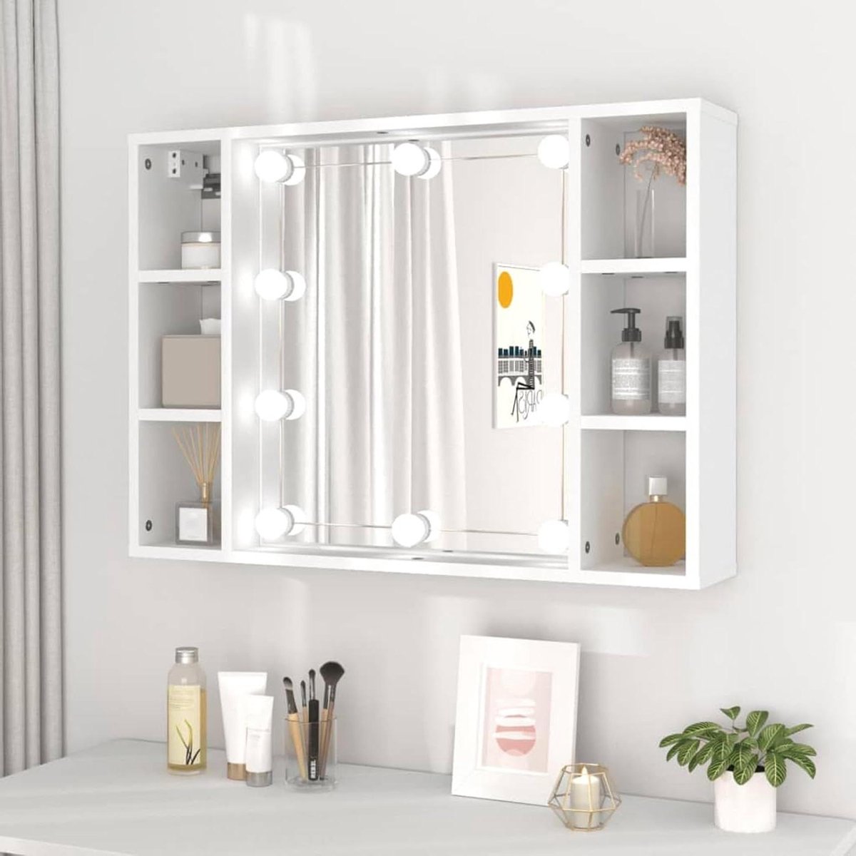 Kaptafel met spiegel - Make-up meubel - Snel opmaken - Verstelbare LED verlichting - 76 x 15 x 55 cm