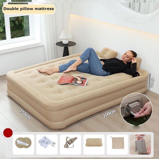 Luchtbed - Opblaasmatras - Kamperen en Reizen - Ingebouwde Pomp - Twin - Beige — afbeelding 2
