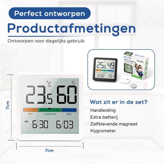 YUCONN Hygrometer - Luchtvochtigheidsmeter - Thermometer Binnen - Digitaal Weerstation - Binnen