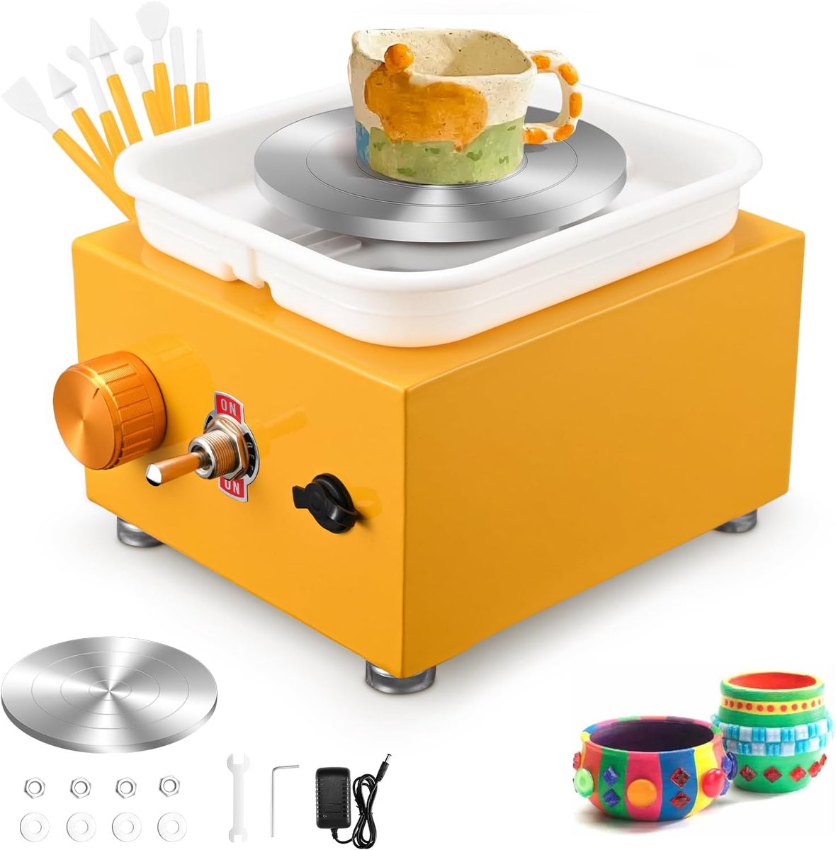 VHV - Pottenbakkersschijf - Elektrische pottenbakkersschijf - Pottenbakken set - Instelbare snelheid - 2000 RPM - Met boetseergereedschap - Voor beginners en volwassenen - Geel