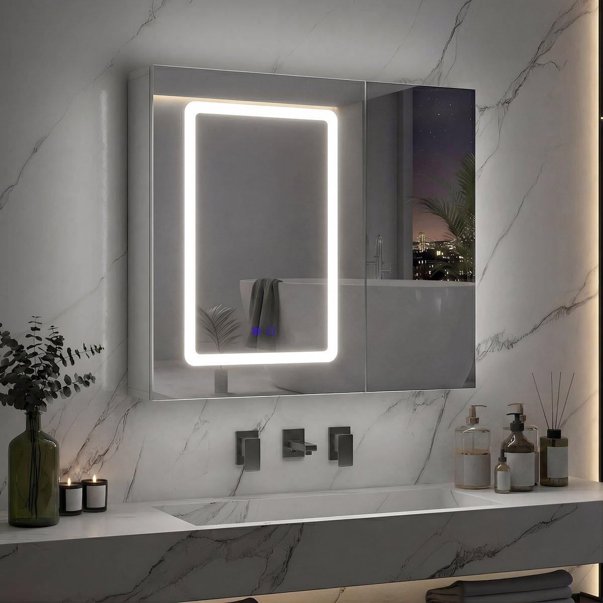 ROSAHQNDA Badkamerkast – Met touch-bediening, 3-kleurige LED-verlichting en anti-condensfunctie – Spiegelkast – Verstelbare planken – Wit – 70 x 60 x 13,5 cm