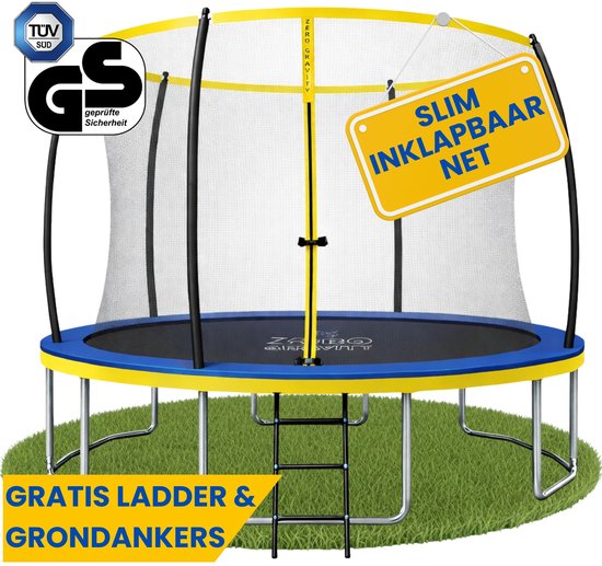 Trampoline van 305 cm met blauwe en gele rand. Slim inklapbaar net, gratis ladder en grondankers. TÜV GS-gecertificeerd.