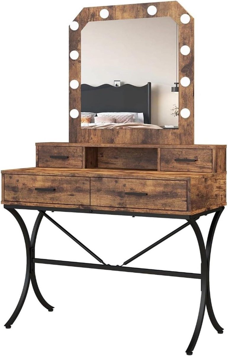 Kaptafel met spiegel - Make-up bureau - Sieraden opbergen - Verlichting met 3 standen - 10 lampen - Bruin