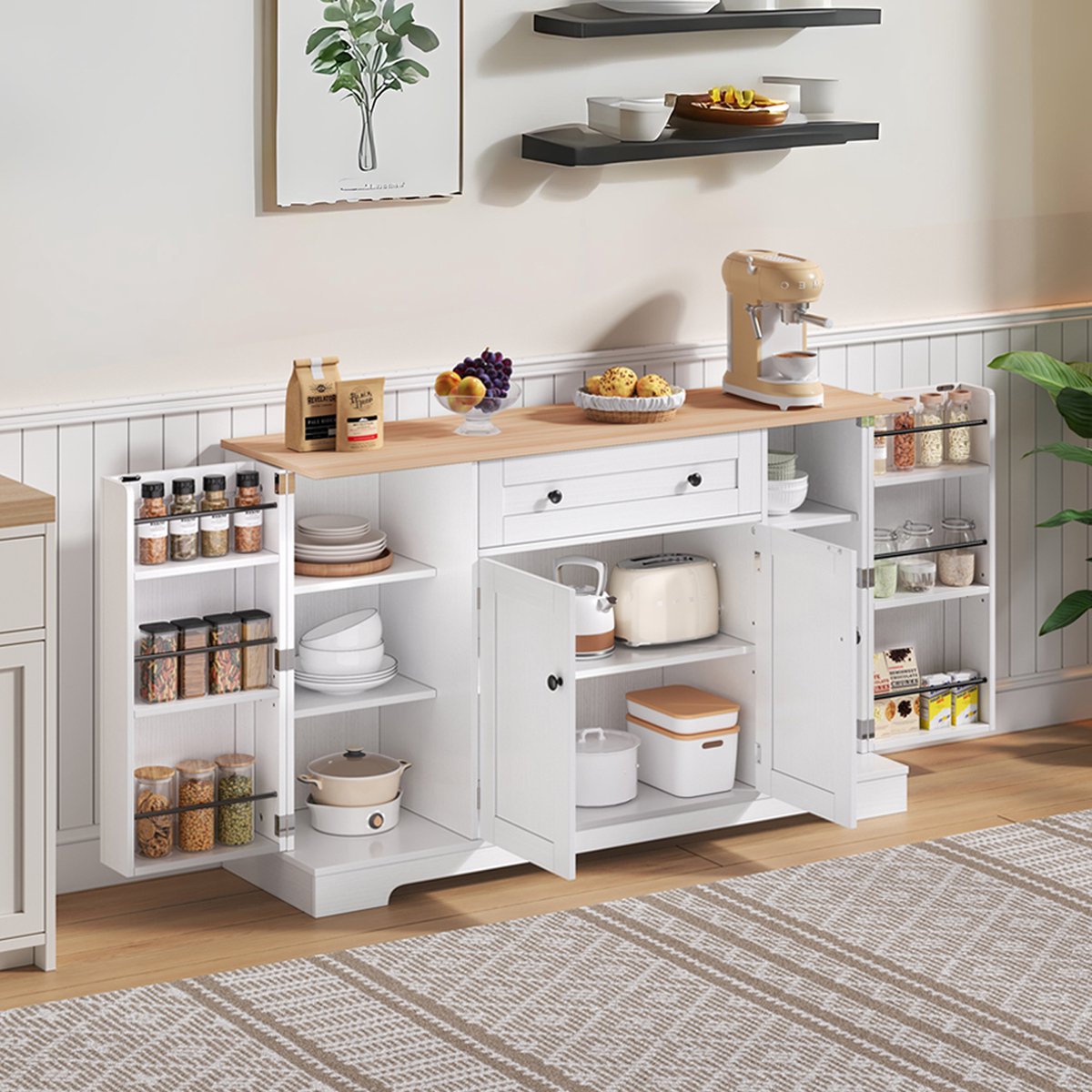 HAUSS SPOLE Buffetkast – Multifunctioneel Dressoir Met Lade En 2 Deuren, Verstelbare Planken En Deurrekken, Kipbeveiliging – MDF – 138 Cm – Naturel/Wit