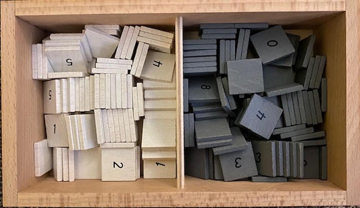 Montessori kistje met grijze en witte fiches met cijfers