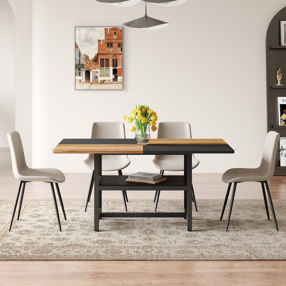 Een rechthoekige eettafelset van 160 cm met multifunctioneel opbergvak en 4 warmgrijze eetkamerstoelen van PU-materiaal met brede zitkussens, geschikt voor de woonkamer, eetkamer, keuken, enz.
