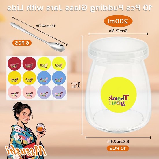 10 Stuks Glazen Yoghurttassen van 200ml met Luchtdichte Deksel voor Yoghurt, Pudding en Desserts, Inclusief 6 Lepels voor Maken van Jams en Mousse — afbeelding 5