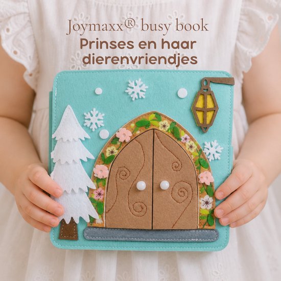 Joymaxx stoffen prinsessenboek met deur, bloemen, sneeuwvlokken en kerstboom.