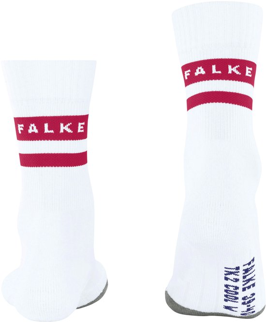 Witte sportsokken met rode strepen en 'FALKE' tekst.