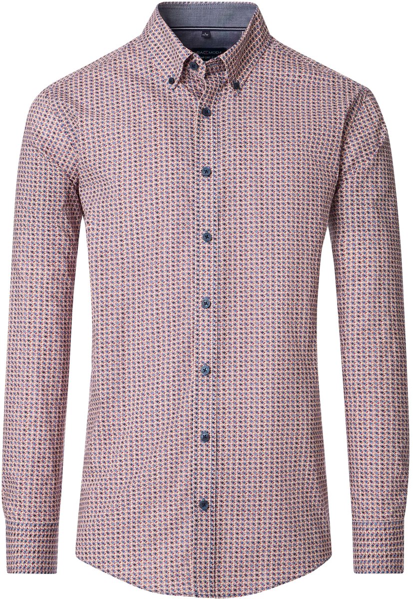 CASA MODA Sport comfort fit overhemd - popeline - blauw met rood - beige en wit dessin - Strijkvriendelijk - Boordmaat: 45 - 46
