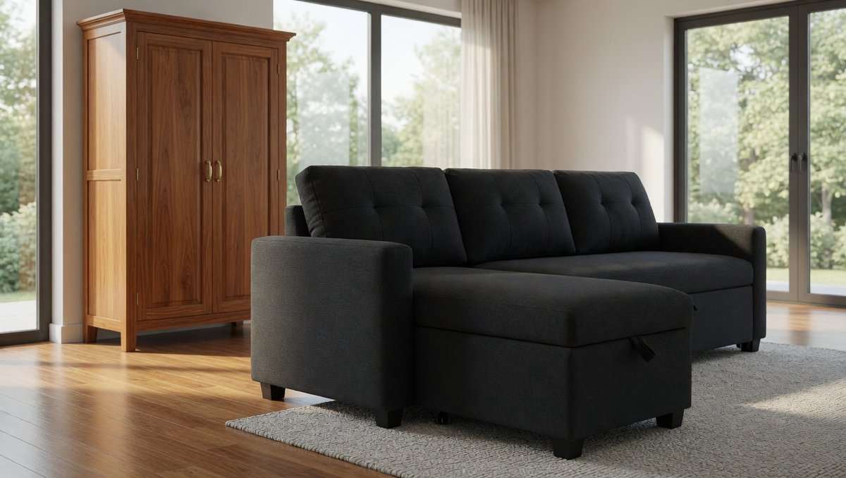 Slaapbank L-vorm met slaapfunctie – Arqam Campina Hoekbank 226x163 cm – Moderne 3-zits bank bed antraciet – ruimtebesparende sofa met opbergfunctie, schuimvulling & houten frame – woonkamer hoekbank