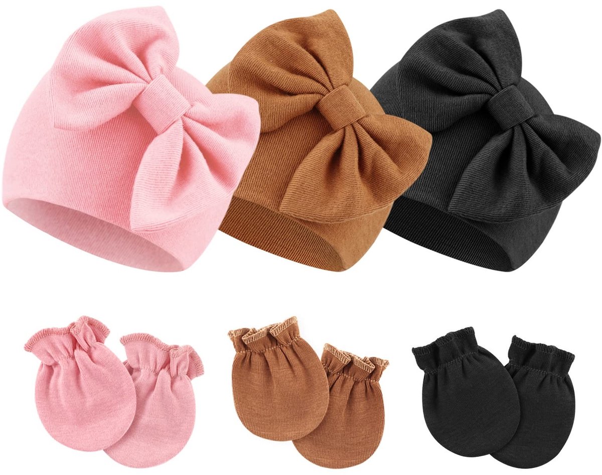 Allecto - Pasgeboren Baby Hoeden Wanten Set - Ziekenhuis Hoed Beanie - Katoen - Geen Kras Wanten - Perfect voor 0-6 Maanden