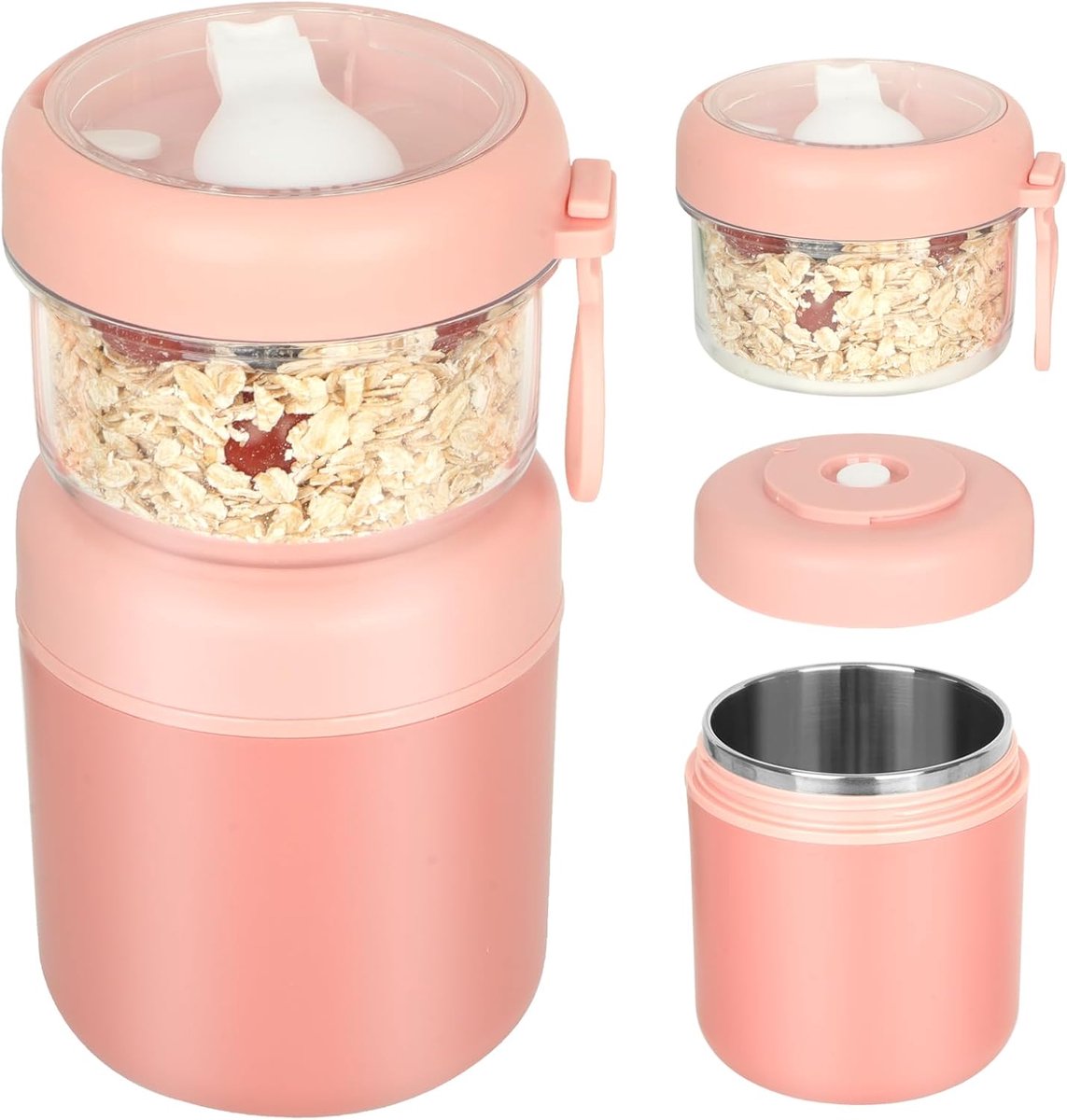 VHV - Yoghurt beker - Yoghurt beker to go - Broodtrommel - Lunchbox - Brooddoos - Ontbijtbox - Mueslibox - Grote roestvrijstalen meeneem-mueslibak - 530 ml + 330 ml - Draagbare lekvrije mueslibak - Roze