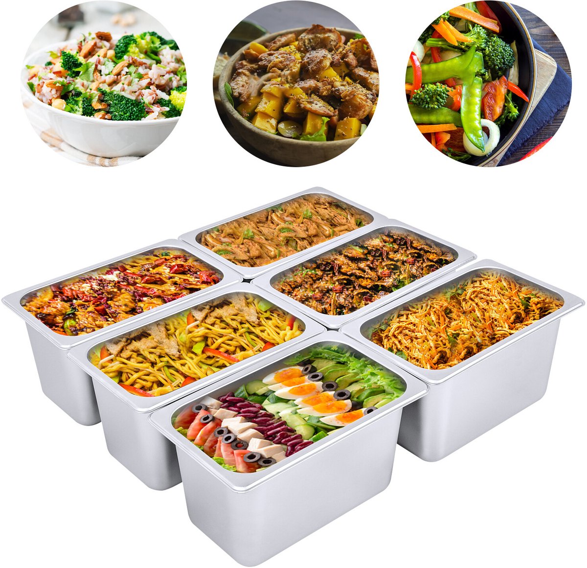 6 x 1/4 Formaat 6 Diepe RVS Stoomtafels - Hotel Buffet Voedselbakken