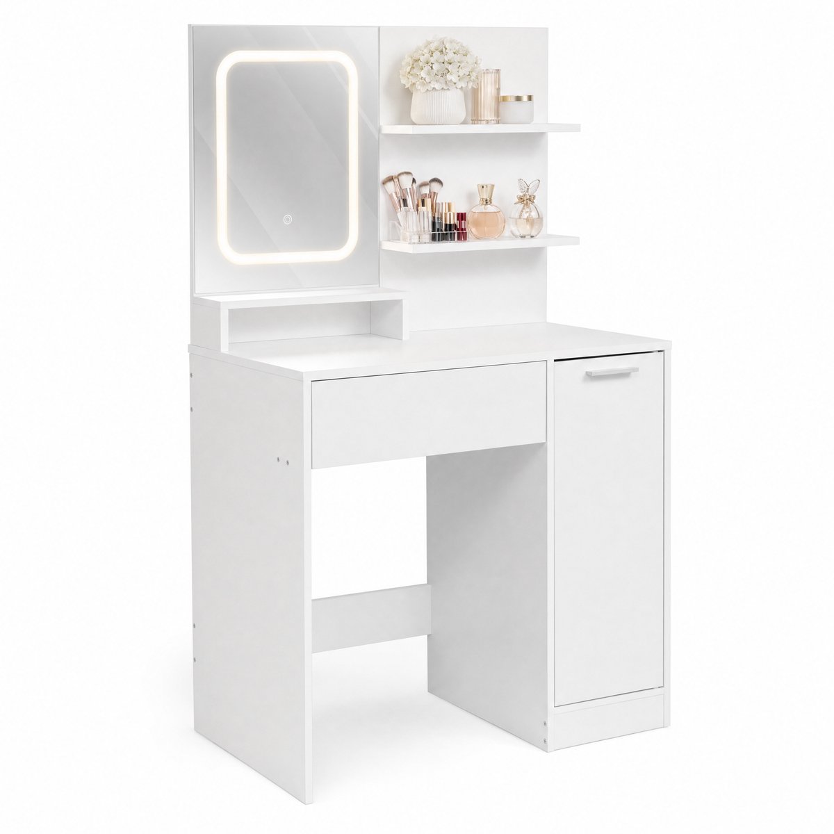 Monza Home Make Up Tafel – Kaptafel met LED Spiegel en Gesloten Kastje – 80 x 40 x 132 cm – 3 Lichtkleuren Dimbaar met Touch – Lade, Kast met Deur & Open Planken – Compact voor Kleine Slaapkamer – Wit – Monza Home
