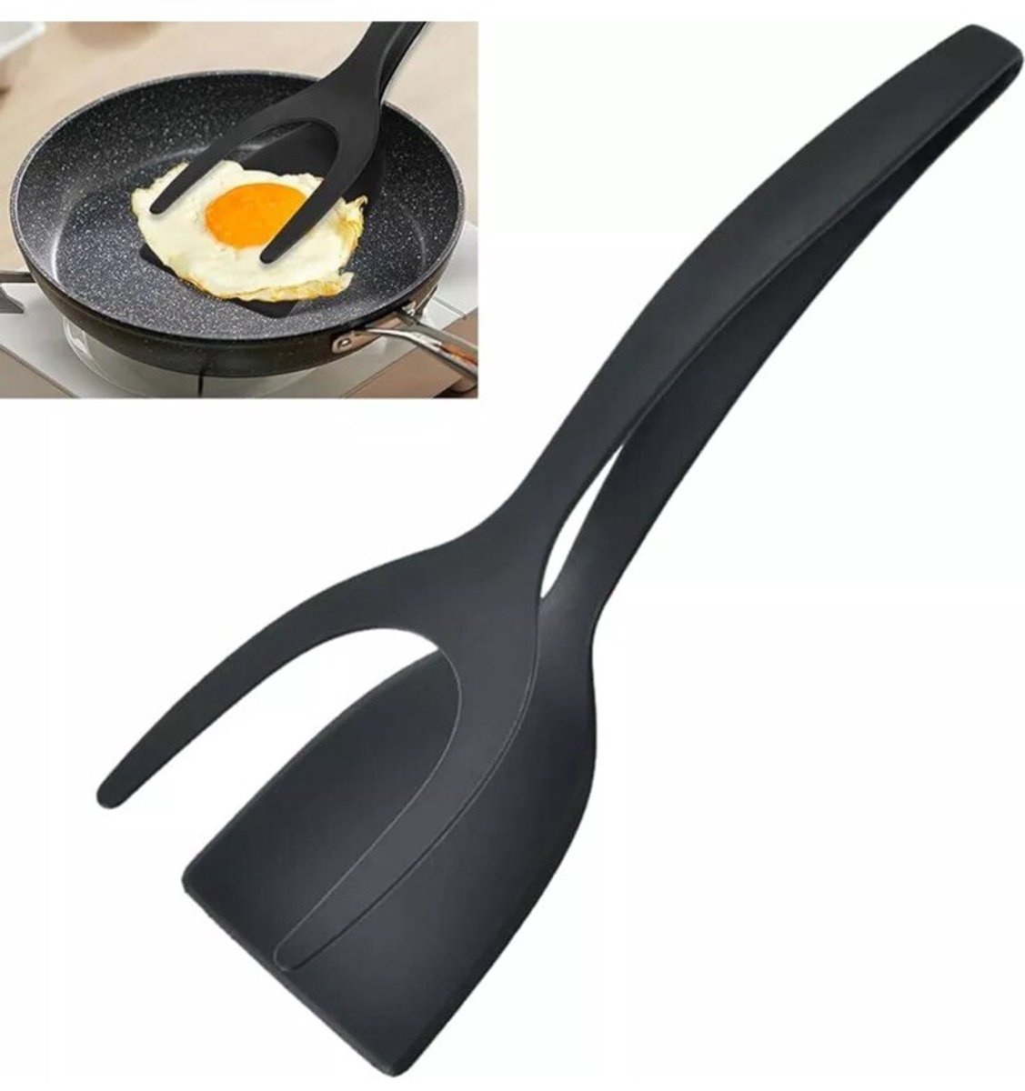 2-in-1 klem- en omkeerspatel, geschikt voor eieren, pannenkoeken, hamburgers, enz. (zwart)