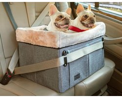 Petsfit Hondenautostoeltje, voor 1 middelgrote hond of 2 kleine honden, stoelverhoger voor in de auto, met gepatenteerde gespriemen, wasbare kussenmat, voor huisdieren tot 20 kg, lichtgrijs